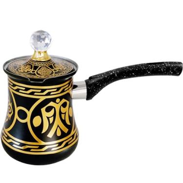 Imagem de Panela de café árabe grego turco, caldeira de água na parte superior do fogão, cafeteira, manteiga, chocolate e aquecedor de leite, aquecimento uniforme e rápido (preto e dourado)