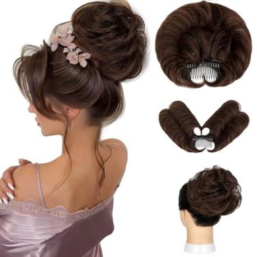 Imagem de Bolo de cabelo bagunçado para coque de cabelo com presilha lateral para pente ondulado para mulheres Versátil Estilos Ajustáveis Tousle Updo Chignon Marrom Médio