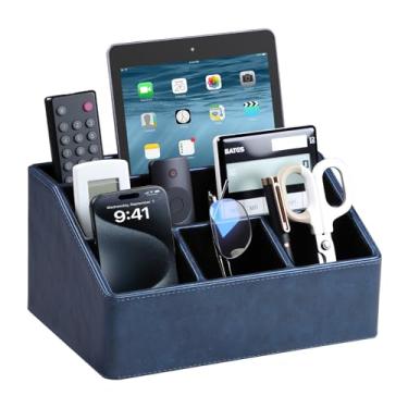 Imagem de MEIBOOCH Organizador de mesa de couro PU, suporte de controle remoto de luxo para casa, acessórios de mesa de escritório, organizador de mesa de cabeceira (azul escuro)
