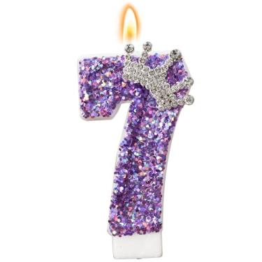 Imagem de Velas com número de aniversário, coroa roxa para bolo, topo de bolo com glitter número 7 com lantejoulas para suprimentos de comemorações de aniversário (número 7)