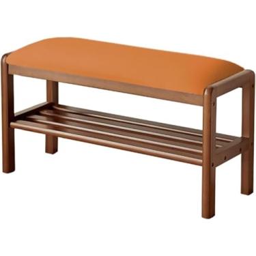 Imagem de Banco de madeira maciça com prateleira de armazenamento, sapateira para porta da frente, organizador de sapatos pequeno para entrada, sala de estar, corredor (80 cm, laranja)