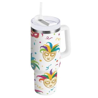 Imagem de Blueangle Copo isolado de máscara de carnaval de 1,134 g com alça e tampa de palha, caneca de viagem reutilizável de aço inoxidável (938)