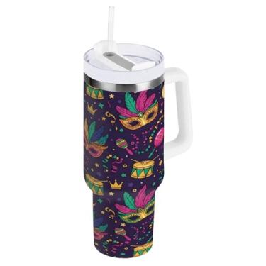 Imagem de Blueangle Copo isolado carnaval carnaval 1,134 g com alça e tampa de palha, caneca de viagem reutilizável de aço inoxidável (1016)