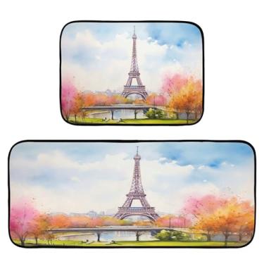 Imagem de xigua Conjunto de 2 peças de tapetes e tapetes de cozinha franceses com pintura em aquarela, tapetes de cozinha macios absorventes para chão, tapete de cozinha, antiderrapante, conjunto de capachos