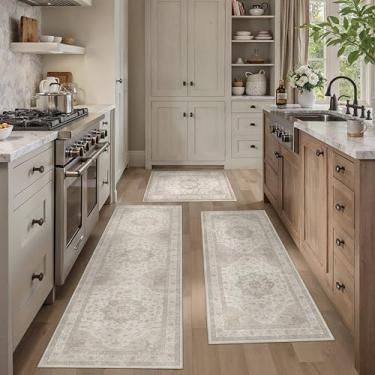 Imagem de HUGEAR Conjunto de tapetes de cozinha bege, 3 peças, 51 x 81 x 122 x 148 cm, medalhão oriental vintage, entrada de entrada, tapetes de cozinha, tapetes antiderrapantes para corredor, lavanderia, pia e