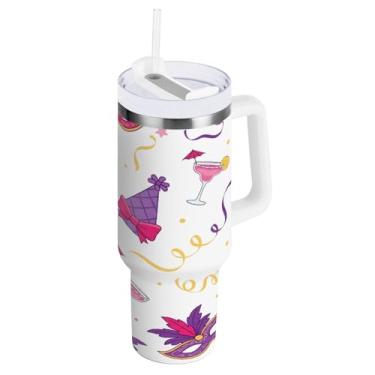 Imagem de Blueangle Copo isolado Carnaval de 850 g Carnaval com alça e tampa de palha, caneca de viagem reutilizável de aço inoxidável (576)