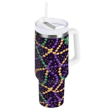 Imagem de Blueangle Copo isolado com contas metálicas brilhantes de 1,134 g Mardi Gras com alça e tampa de palha, caneca de viagem reutilizável de aço inoxidável (653)
