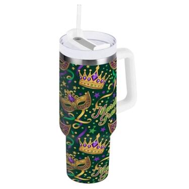 Imagem de Blueangle Copo isolado de máscara de carnaval de 1,134 g com alça e tampa de palha, caneca de viagem reutilizável de aço inoxidável (908)