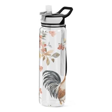 Imagem de xigua Garrafa de água aquarela Farm Rooster com tampa de canudo transparente à prova de vazamentos para esportes ao ar livre, bebida, fitness, treino, viagem, 940 ml