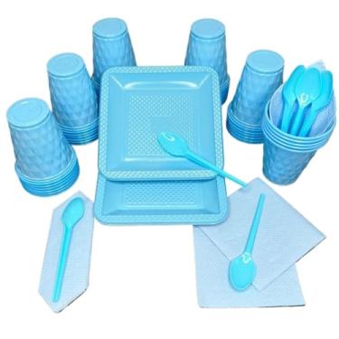 Imagem de Conjunto para festa de aniversário com 180 peças Pratos, copos, colheres e guardanapos em tons doces Serve 40 convidados(Azul Candy)