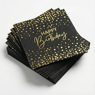 Imagem de Horaldaily Guardanapos decorativos de papel descartáveis de feliz aniversário, toalha de mão de celebração com pontos dourados pretos para festa, almoço, jantar, cozinha, banheiro
