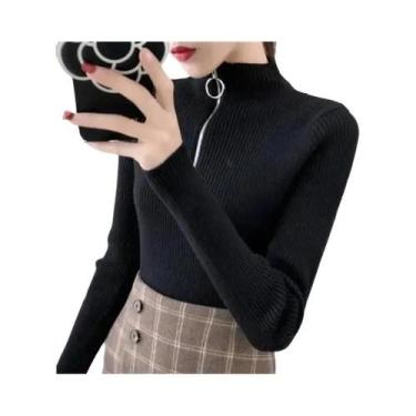 Imagem de Suéter Feminino Slim Fit De Gola Alta Com Zíper, Pullover De Tricô Par