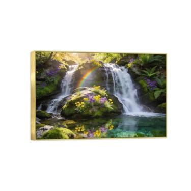 Imagem de BMZFYBS Impressão em tela de paisagem pronta para pendurar, flores de rio, pintura de arte de parede, decoração moderna para casa, moldura dourada, imagem 50 x 75 cm 20 x 30 pol