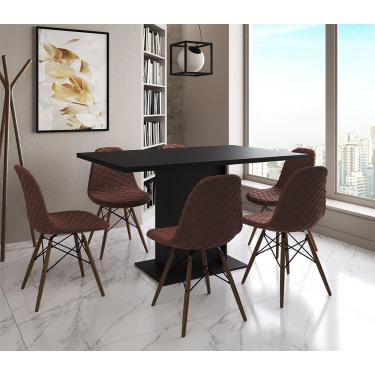 Imagem de Mesa Jantar Londres Retangular Preta 137X90Cm 6 Cadeiras Estofadas Caramelo Madeira