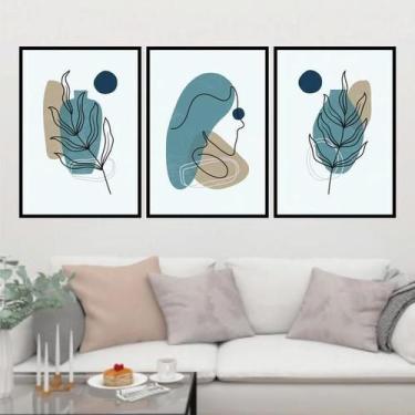 Imagem de Kit 3 Quadros Florais Boho Azul 45X34Cm Com Vidro Preta - Quadros On-L
