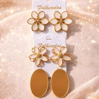 Imagem de Brincos Femininos Flor e Oval Folheados a Ouro Elegantes Delicados Con