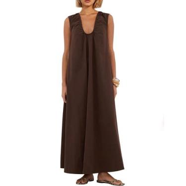 Imagem de Vestido maxi Ardrem sem mangas, franzido, gola redonda e bolsos