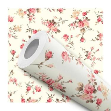 Imagem de Papel De Parede Adesivo Decorativo Lavável Rosas Floral Fundo Bege 10m