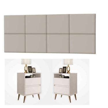 Imagem de Conjunto Cabeceira Painel Paris 1,40 Lisa com Mesas de Cabeceira Lotus 2 Gav Off White - Rede Móveis