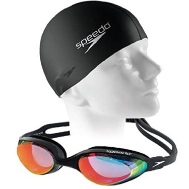 Imagem de Kit Natação Speedo Óculos Hydrovision MR Espelhado + Touca Flat Silicone (óculos preto)