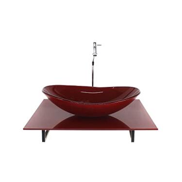 Imagem de KIT CUBA DE VIDRO OVAL COM TAMPO 60CM VERMELHO CEREJA FULL E SUPORTE TORNEIRA VALVULA