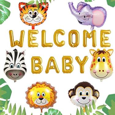 Imagem de LaVenty Conjunto de 7 balões de boas-vindas do bebê da selva safári decoração de chá de bebê selva oh faixa de bebê selva safári pano de fundo para chá de bebê