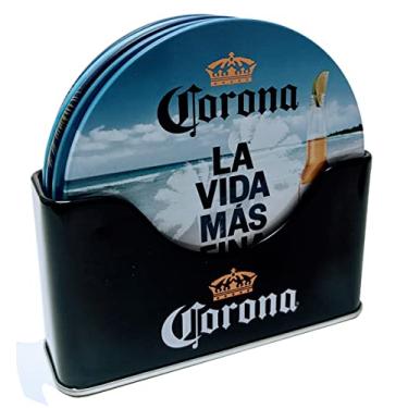 Imagem de The Tin Box Company Corona 6 pc Coaster Set with Standing Metal Holder, Ocean Scene