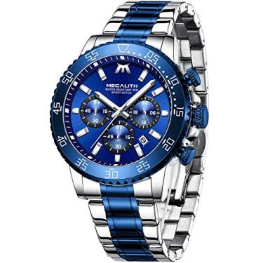 Imagem de Relógios Masculinos Megalith de Aço Inoxidável Cronógrafo Masculino Luminoso À Prova D’Água Design de Quartzo Fashion Negócios Luxo Relógios de Pulso para Homens, 2-Blue Silver, mens standard