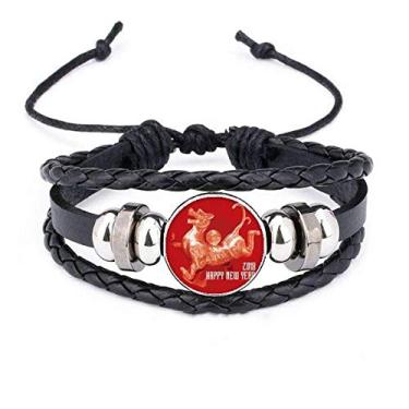 Imagem de DIYthinker Pulseira de galo feliz ano novo pulseira de couro trançado com contas