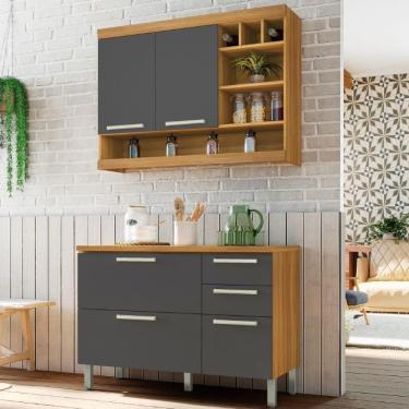 Imagem de Cozinha Modulada Burguesa MDF Com Balcão Marrom Freijó Cinza