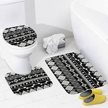 Imagem de Conjunto de tapetes de banheiro 3 peças étnicas preto branco listras horizontais tapete de banheiro lavável tapete antiderrapante tapete de contorno e tampa para banheiro