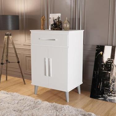 Imagem de Rack/Bancada com Painel VIV 1.80m Modelo Retrô com Pés em Madeira Tampo Encabeçado em MDP Acabamento em Alto Relevo Pintura UV Amadeirada Cor Off White/Freijó