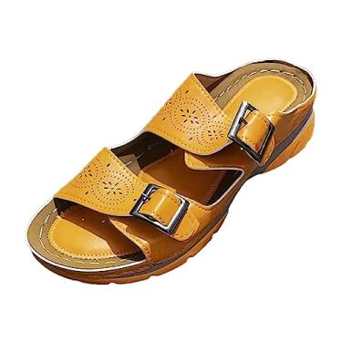 Imagem de CsgrFagr Sandálias femininas de verão com fivela de cor sólida, casual, bico aberto, plataformas, sola macia, respirável, sandálias de urso, Amarelo, 8
