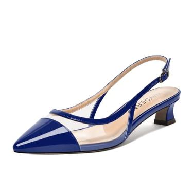 Imagem de WAYDERNS Sapato feminino com fivela ajustável com fivela ajustável de PVC bico fino gatinho salto baixo 4,8 cm, Azul royal, 7