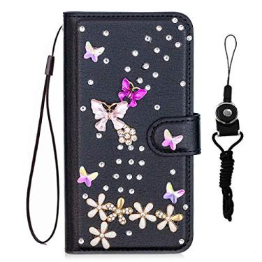 Imagem de HFICY Capa de telefone brilhante com 2 pacotes de protetor de tela de vidro e cordão, capa de telefone carteira feminina com suporte Filo de couro brilhante (flores de borboleta preta, para LG
