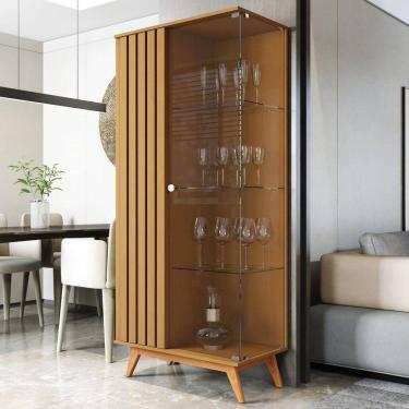 Imagem de Cristaleira Com Lateral e Porta Ripada JB Açaí Vidro Temp 4mm e Pés e Travessas em Madeira Maciça Marrom