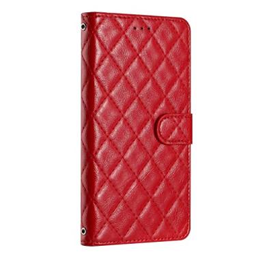 Imagem de Rnrieyta Miagon Capa carteira clássica de pele de cordeiro para Huawei P30 Lite, capa flip de couro PU losango, compartimentos para cartões, alça de pulso, protetor magnético fólio bumper vermelho