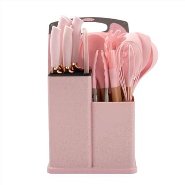Imagem de Kit 19 Utensílios De Cozinha Com Cabo De Madeira E Silicone (Rosa)