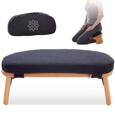 Imagem de Banco de meditação dobrável consciente e moderno com almofada de veludo removível e bolsa de viagem | Dobradiças magnéticas de bloqueio | Banquinho de madeira Seiza para postura de meditação Zen | Cadeira ergonômica de bambu para yoga
