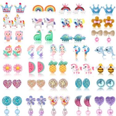 Imagem de Brincos de pressão para meninas, 10/12/20/24/30/32 pares de brincos hipoalergênicos para crianças, lindos e ótimos presentes para meninas de 4 a 12 anos, Standard, Aço inoxidável Resina, Sem pedra