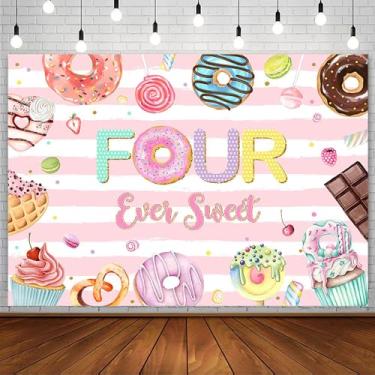 Imagem de AIBIIN Pano de fundo rosa de 2,1 x 1,5 m de aniversário para meninas, decoração de festa de aniversário de 4 anos, confetes coloridos, chocolate, sorvete, fotografia, banner, adereços para fotos