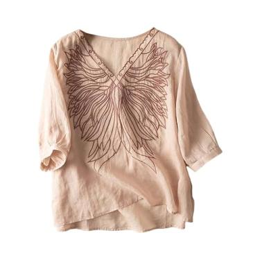 Imagem de Camisetas femininas casuais de algodão e linho bordadas de cor sólida camisetas femininas de malha manga longa, rosa, M