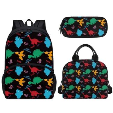 Imagem de Pugasmiru Mochila escolar infantil para meninos e adolescentes, mochila casual com lancheira, 3 em 1, Dinossauro colorido