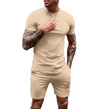 Imagem de Uni Clau Conjunto de camisetas masculinas de manga curta e shorts combinando casual agasalho de verão, Caqui, GG