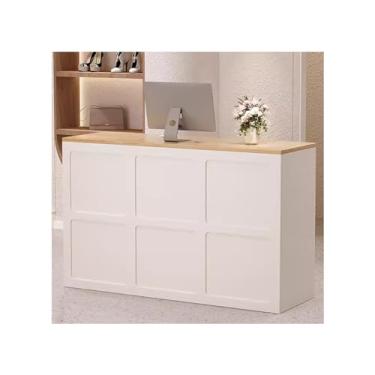 Imagem de Reception Desk With Counter Mesa de recepção com armário, balcão de varejo com gaveta com fechadura para escritório, salão de beleza(White+Brown,55.1x17.7x35.4in)
