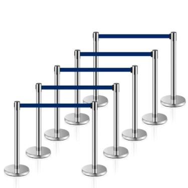 Imagem de MICHELANGELO Kit 10 Pedestais Premium Organizador Separador de Fila Cromado com Fita Retrátil Azul 2 Metros Anti-Oxidante