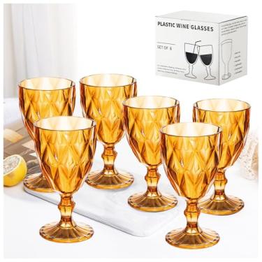 Imagem de Conjunto de 6 taças de vinho vintage, taças de água coloridas de plástico reutilizáveis de 355 ml, padrão exclusivo em relevo inquebrável, taças de vinho com haste inquebrável, copos de bebida de bar