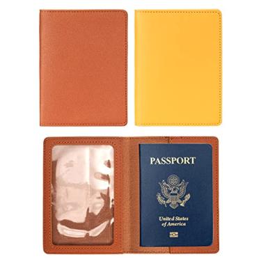 Imagem de Arouselove Pacote com 2 capas para passaporte e porta-cartão de vacina, carteira de passaporte de couro PU, capa protetora de vacina, carteira de passaporte de viagem para mulheres e homens, Amarelo e