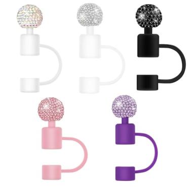 Imagem de Veseek Topo de canudo Bling Tumbler 5 peças bonito tampa de palha de diamante para copo Stanley tampas de canudos de silicone capas para acessórios de garrafa de água (branco/rosa/preto/roxo/colorido)