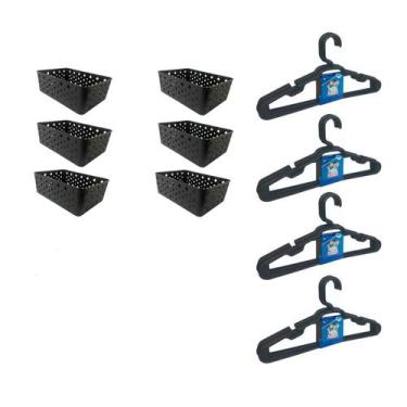 Imagem de Kit 6 Cestos e 20 Cabides Infantis Organizadores Preto - 123 Organizei